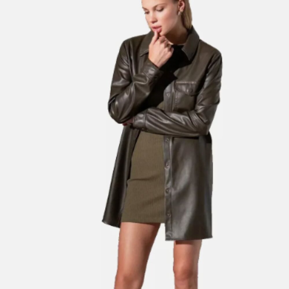 Sanctuary Women's Olive Leather Long Sleeve Snap Front Shirt Dress